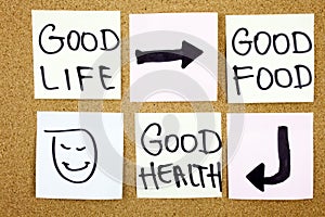healthy lifestyle concept - good food, health and life - reminder words handwritten of sticky notes
