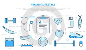 Healthy lifestyle concept with icon set template banner with modern blue color style