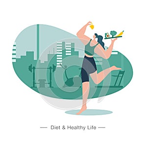 Healthy Lifestyle concept illustration. woman eating healthy food with gym background