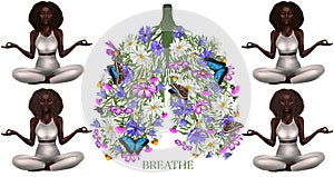 Healthy lifestyle concept. Meditation yoga, healthy women lifestyle. Lungs art with meadow flowers and butterfly's