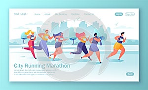 Healthy lifestyle concept for mobile website, web page. Active people characters running marathon distance.