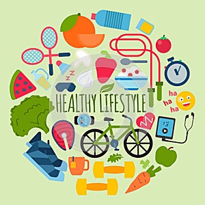 Healthy lifestyle concept round pattern vector illustration. Poster with sports equipment and healthy food. Diet and