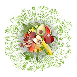 Healthy lifestyle concept with sport and healthy diet doodles and icons - sport, food, happy and normal sleep icons