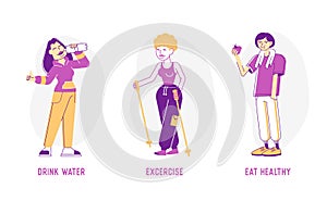 Healthy Lifestyle Concept. Wellbeing Components Drink Water, Exercise and Eat Healthy Food. Sports Activity