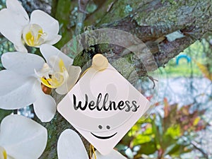 Healthy Lifestyle Concept - Wellness word with happy icon with nature background. Stock photo