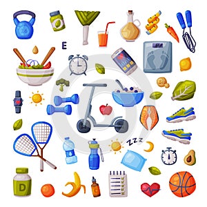 Healthy Lifestyle and Diet Big Set, Various Fitness and Sports Equipment, Useful Food, Proper Nutrition, Supplements