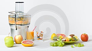 Healthy lifestyle and diet concept. Fruit juice, pills and vitamin supplements, choice concept