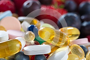 Healthy lifestyle, diet concept, Fruit and pills, vitamin supplements