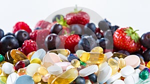 Healthy lifestyle, diet concept, Fruit and pills, vitamin supplements