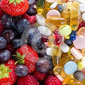 Healthy lifestyle, diet concept, Fruit and pills, vitamin supplements