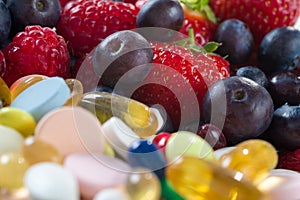 Healthy lifestyle, diet concept, Fruit and pills, vitamin supplements