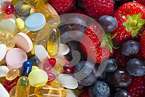 Healthy lifestyle, diet concept, Fruit and pills, vitamin supplements with on white background.