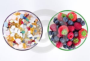 Healthy lifestyle, diet concept, Fruit and vitamin supplements with copy space on white background