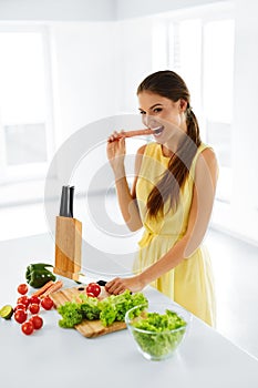 Healthy Lifestyle And Diet. Woman Preparing Salad. Healthy Food, Eating.