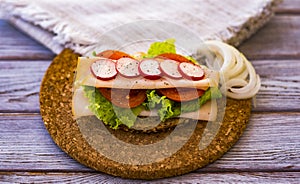 Healthy lifestyle, dietetic sandwich with vegetables and turkey meat - healthy and tasteful eating - whole wheat bread with seeds