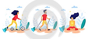 Healthy lifestyle. Different physical activities: kick scooter, nordic walking, meditating. Flat vector illustration