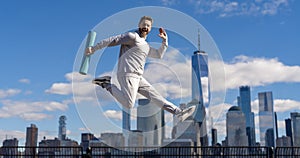 Healthy lifestyle with daily fitness. Fitness and sport. Man jumping with energy. Sport lifestyle. Sportsman running