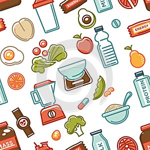 Healthy lifestyle and fitness food nutrition and drinks seamless pattern.