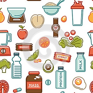 Healthy lifestyle and fitness food nutrition and drinks seamless pattern.