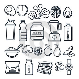 Healthy lifestyle and fitness food nutrition vector flat outline sketch line icons