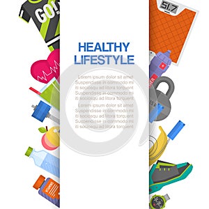 Healthy lifestyle with fitness, healthy diet and with weight scales, sport wear and food vector illustration.