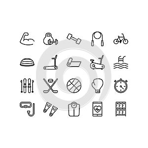 Healthy Lifestyle flat line icons set. Fitness, sport and gym, Diet food, sports supplements. Simple flat vector illustration for