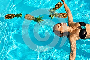 Healthy Lifestyle, Food. Young Woman In Pool. Fruits, Vitamins.