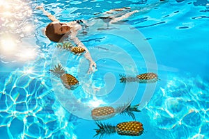 Healthy Lifestyle, Food. Young Woman In Pool. Fruits, Vitamins.