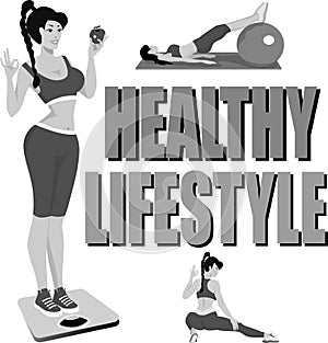 Healthy lifestyle. The girl goes in for sports and eats healthy food. She is energetic and happy. Black, grey, white.