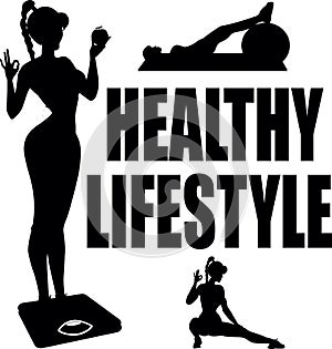 Healthy lifestyle. The girl goes in for sports and eats healthy food. She is energetic and happy. Black silhouette.