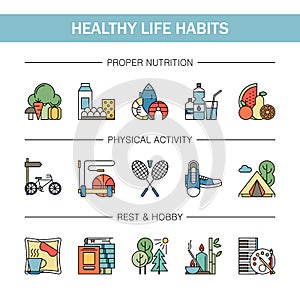 Healthy lifestyle habits colorful line vector icons . Proper nutrition fruit vegetables water seafood. Physical