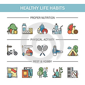 Healthy lifestyle habits colorful line vector icons . Proper nutrition fruit vegetables water seafood. Physical photo