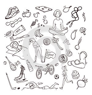 Healthy lifestyle hand drawn set. Collection doodle objects with fitness, sport, fruit, yoga symbols. Contour vector