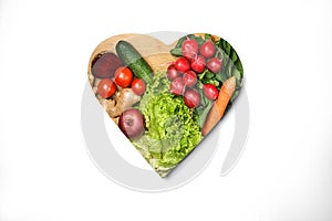 Healthy lifestyle and healthcare concept with food, heart. Keto diet food ingredients on white background. Top view, flat lay.
