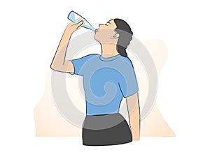 Healthy lifestyle, healthcare, diet concept. Young woman drinking thirst quenching. Thirsty girl holding bottle.