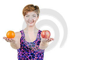Healthy lifestyle, healthy eating. Young girl with a bottle of apple and orange, smiling, on a white isolated background. Horizont