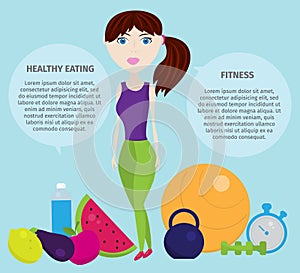 Healthy lifestyle with healthy food icons, dumbbell, fruits, camping, fitness.