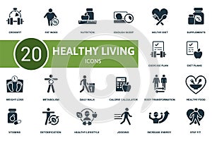 Healthy Lifestyle icon set. Collection contain weight loss, healthy diet, healthy food, calorie calculator and over icons. Healthy