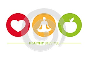 Healthy lifestyle icons heart yoga and apple