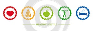 Healthy lifestyle icons heart yoga and apple