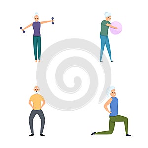 Healthy lifestyle icons set cartoon vector. Old people doing morning exercise