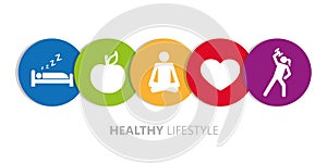 Healthy lifestyle icons sleep apple yoga heart sport