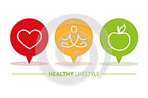 Healthy lifestyle icons speach bubbles heart yoga and apple