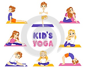 Healthy Lifestyle Illustration With Set Of Kids Doing Yoga. Gymnastics For Children. Vector In Flat Style On White