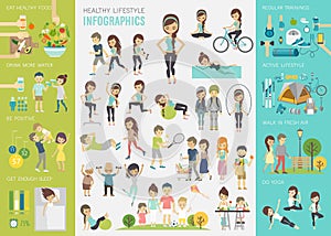 Healthy lifestyle infographic set with charts and other elements.