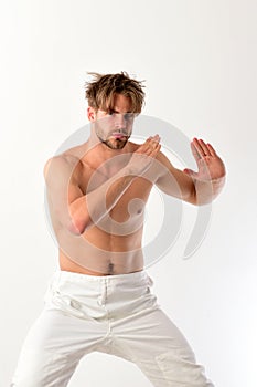 Healthy lifestyle and jujitsu concept. Karate fighter photo
