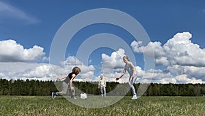 Healthy lifestyle and love for pets. family with a big dog playing with a ball on the field