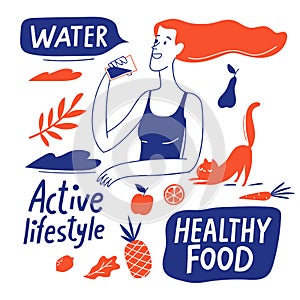 Healthy lifestyle motivational vector design with healthy food elements and woman.