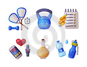 Healthy Lifestyle Objects with Water Bottle and Sport Equipment Vector Set