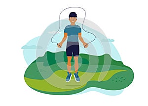 Healthy lifestyle and outdoor activities vector illustration with young man jumping in park